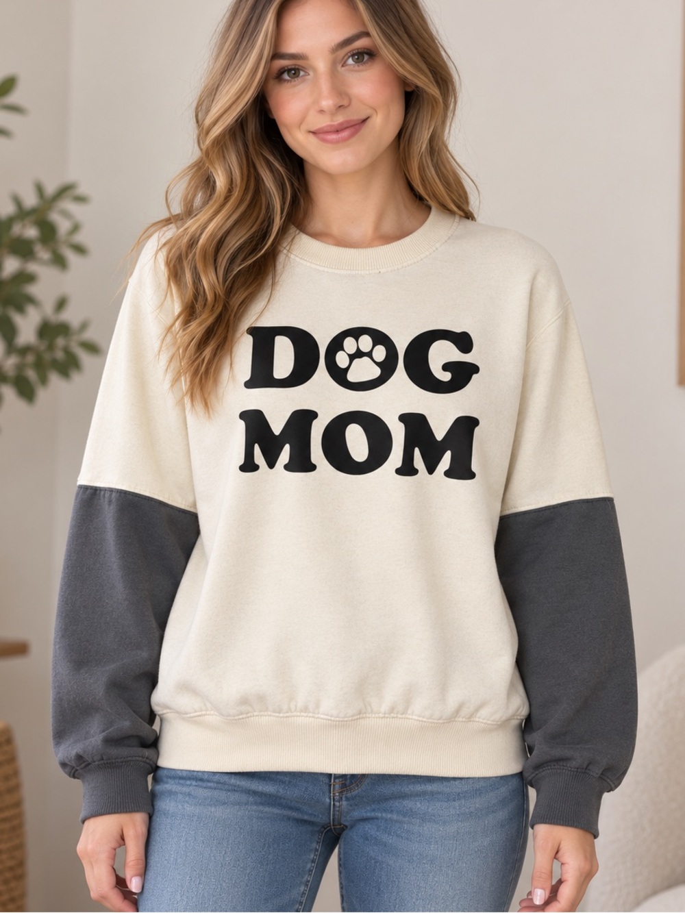 Dog Mom Crewneck Lightweight Sweatshirt in Cream with Gray Sleeves- Size XXL